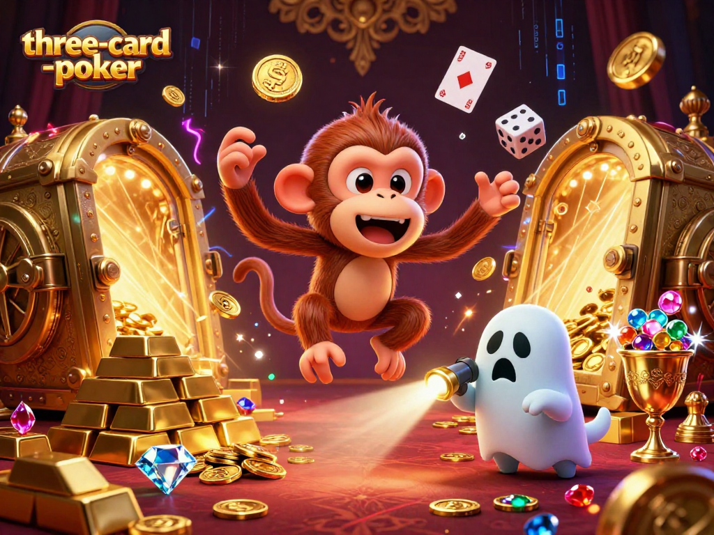 Experience high-stakes three-card-poker excitement with our playful ghost-hunter puppy in a dazzling casino setting.