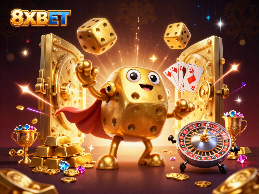 Engage with the vibrant 8XBET casino scene featuring a golden dice golem and treasures.