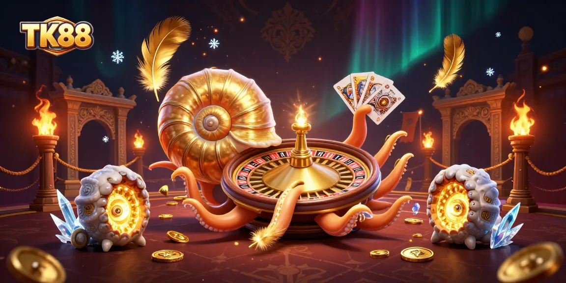 Experience the excitement of TK88 through a dynamic 3D scene featuring an ancient nautilus as a roulette wheel and glowing ammonites.