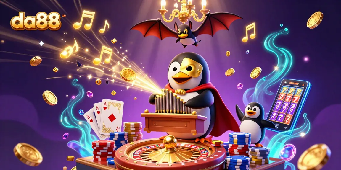 Spin winnings with da88 at a casino featuring a penguin playing organ and golden coins flying.