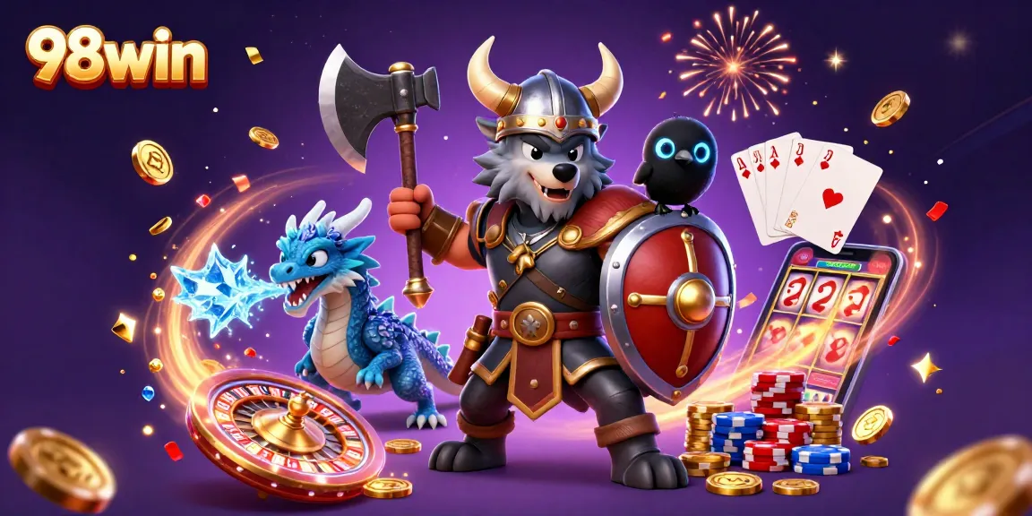 Experience thrilling wins at 98win with a vibrant 3D illustration featuring a Viking warrior and casino elements.