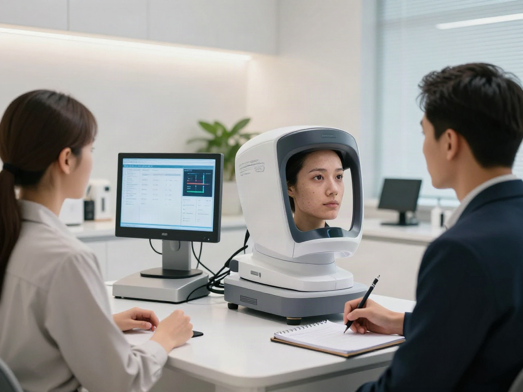ClinicEvo vs QOVES facial analysis consultation in a modern clinic.