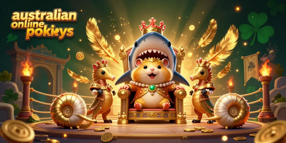 Experience the vibrant scene of australian online pokies with a hamster king, seahorse guards, and treasure.