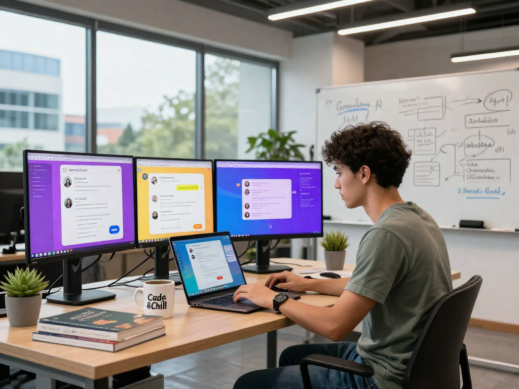 Building spicy chat AI applications in a modern tech workspace, showcasing vibrant prototypes and design brainstorming.