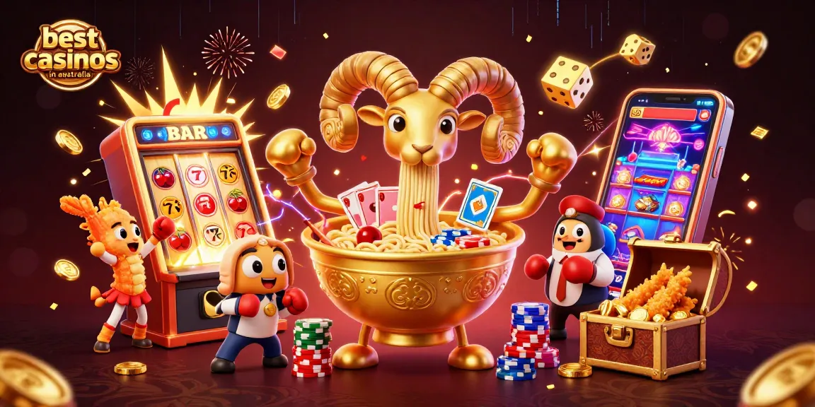 Featuring the best online casinos in Australia, a golden ramen bowl character deals cards and stacks chips amidst exciting gaming elements.