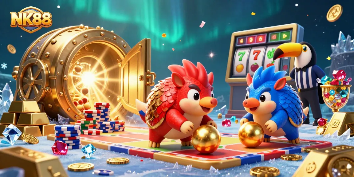 Bowling pangolins rolling through poker chips in a vibrant NK88 casino scene.