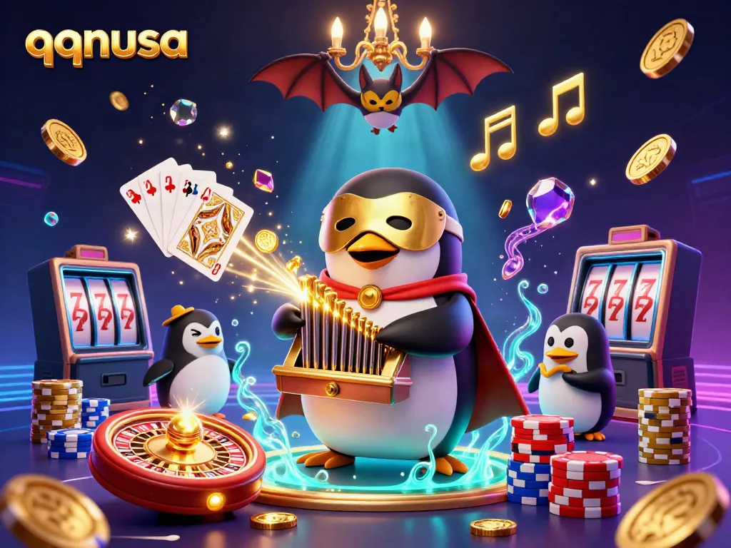 Experience thrilling gameplay with qqnusa's colorful casino scene featuring a playful penguin and dynamic elements.