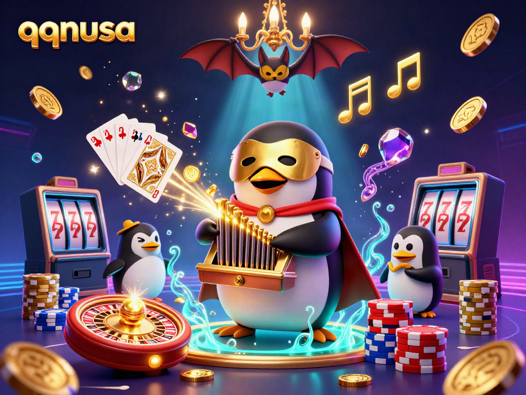 Experience thrilling gameplay with qqnusa's colorful casino scene featuring a playful penguin and dynamic elements.