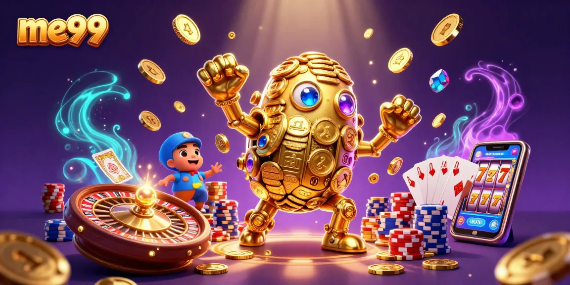 Watch me99's vibrant gaming scene with a golden golem and dynamic casino elements.