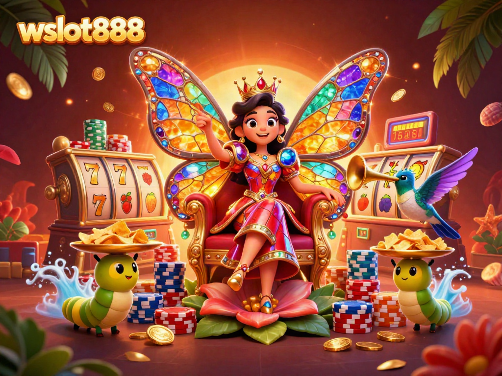 Permainan slot wslot888 dipimpin oleh ratu kupu-kupu berwarna-warni dan pelayan yang membawa chip emas.