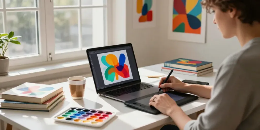 Artist demonstrating how to use an AI abstract art generator in a vibrant creative workspace.