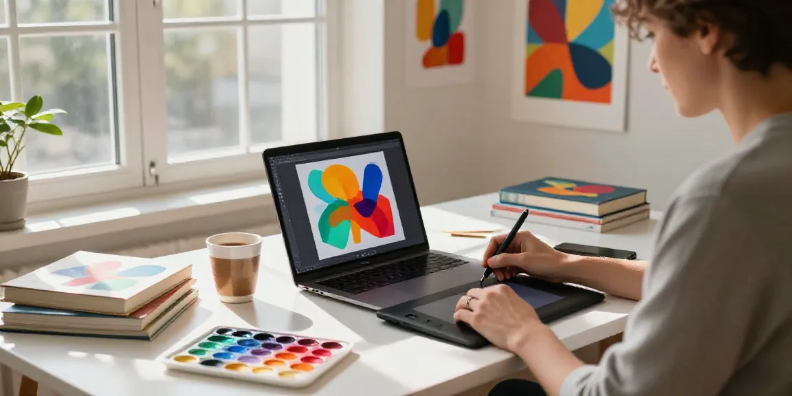 Artist demonstrating how to use an AI abstract art generator in a vibrant creative workspace.
