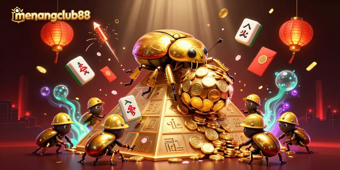 Elevate your gaming at menangclub88 with a dynamic 3D illustration of beetles and casino symbols.