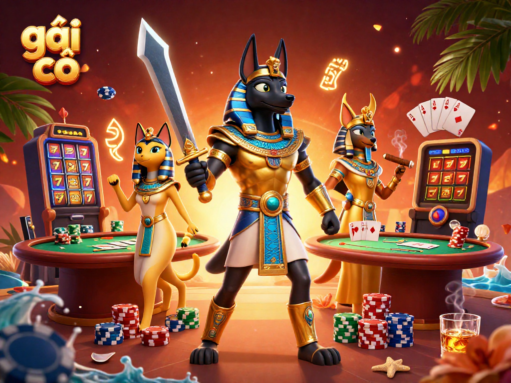 Hình ảnh gái gọi đang chơi casino, với Anubis và Bastet giữa không gian đầy ắp các trò chơi.
