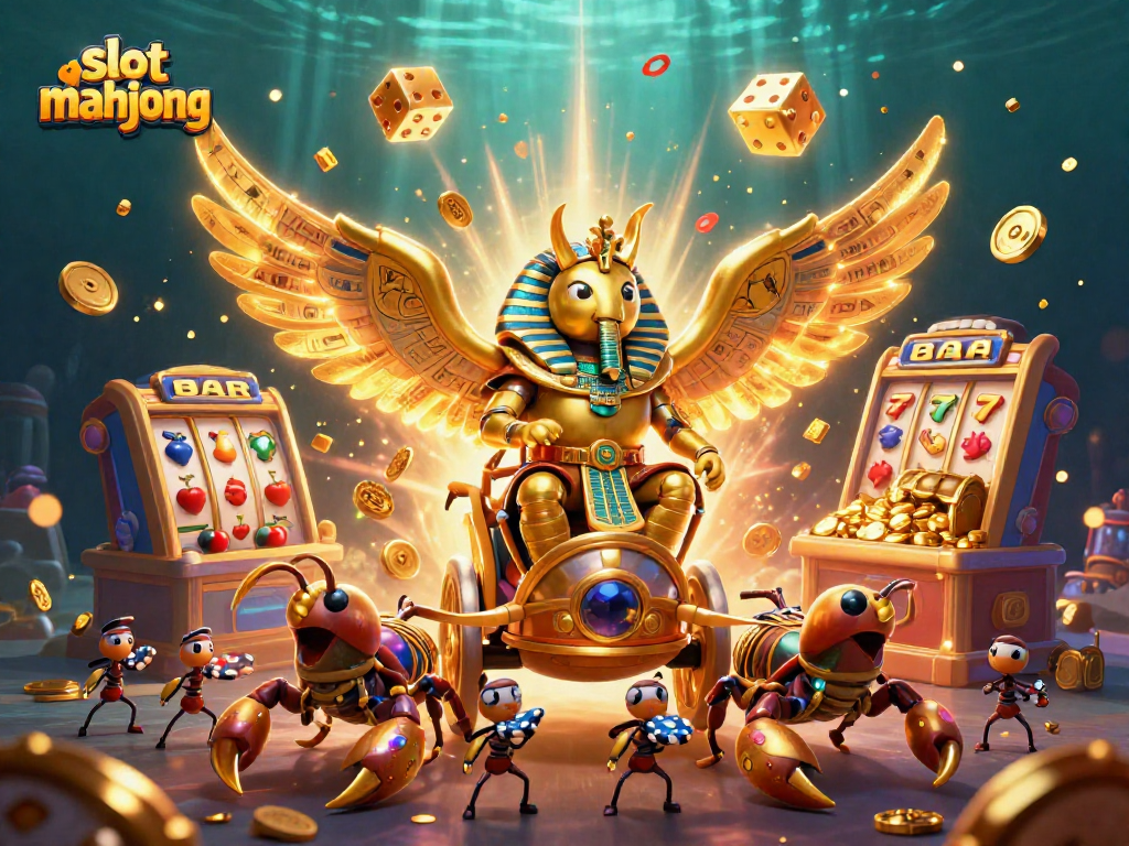Spin to win on slot mahjong with a vibrant scene of a golden scarab and jackpot explosion.