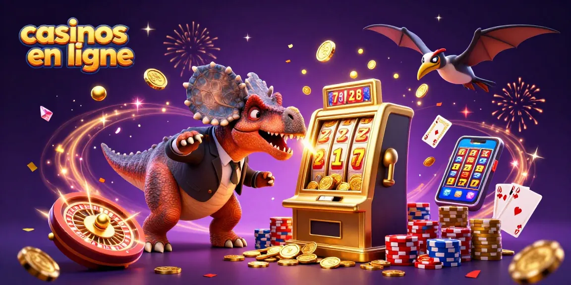Illustration dynamique de casinos en ligne avec un pachycéphale et un ankylosaure, attrapant des pièces d'or volantes.