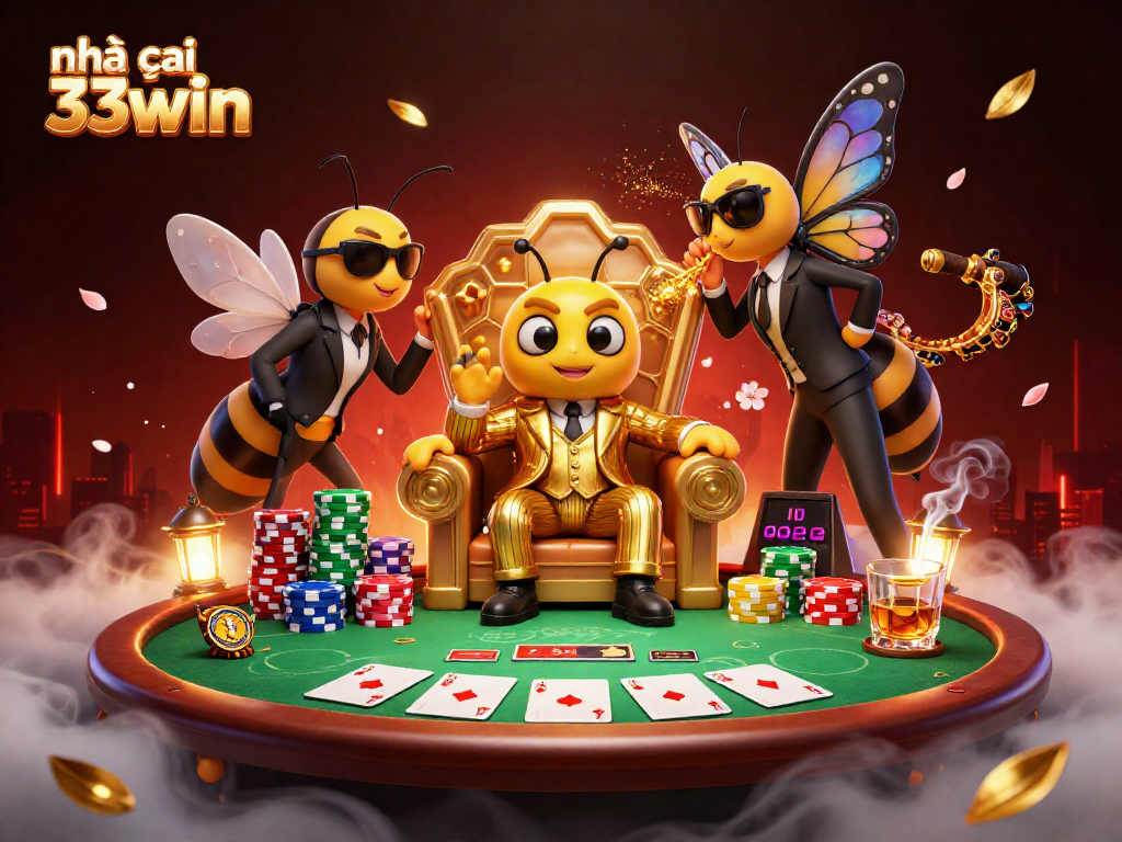 nhà cái 33win showcases thrilling poker action with a vivid 3D illustration featuring dynamic casino elements