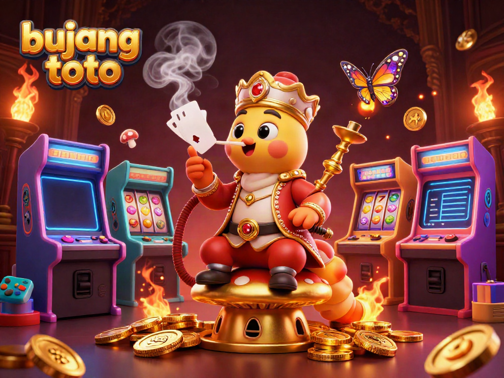 Bujang toto showcases a vibrant 3D casino scene with a hookah-master and slot machines, enhancing online gaming.