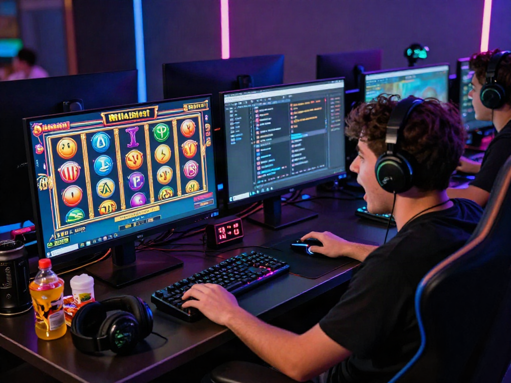 Player enjoying the excitement of rutanslot in a vibrant gaming setup with animated slot reels and colorful graphics.
