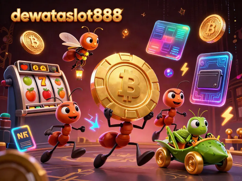 Semut mencuri membawa chip poker besar di dewataslot888, dikelilingi simbol slot dan mata uang crypto.