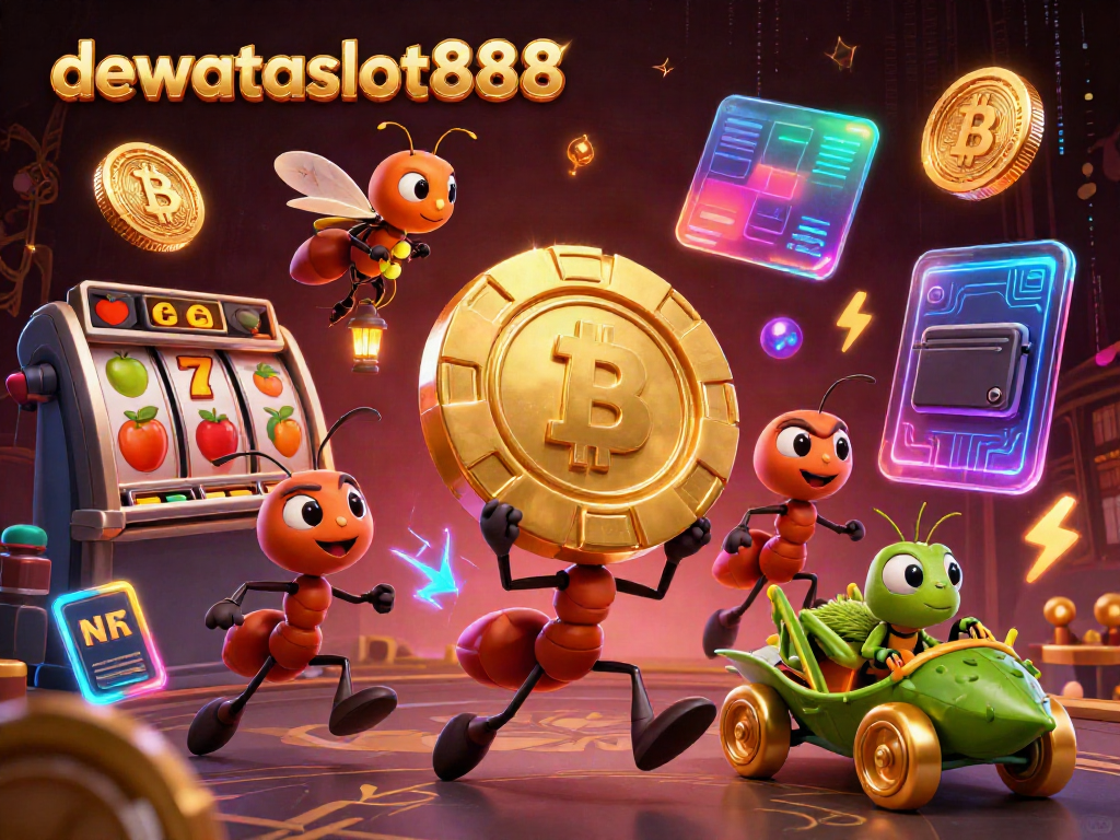 Semut mencuri membawa chip poker besar di dewataslot888, dikelilingi simbol slot dan mata uang crypto.