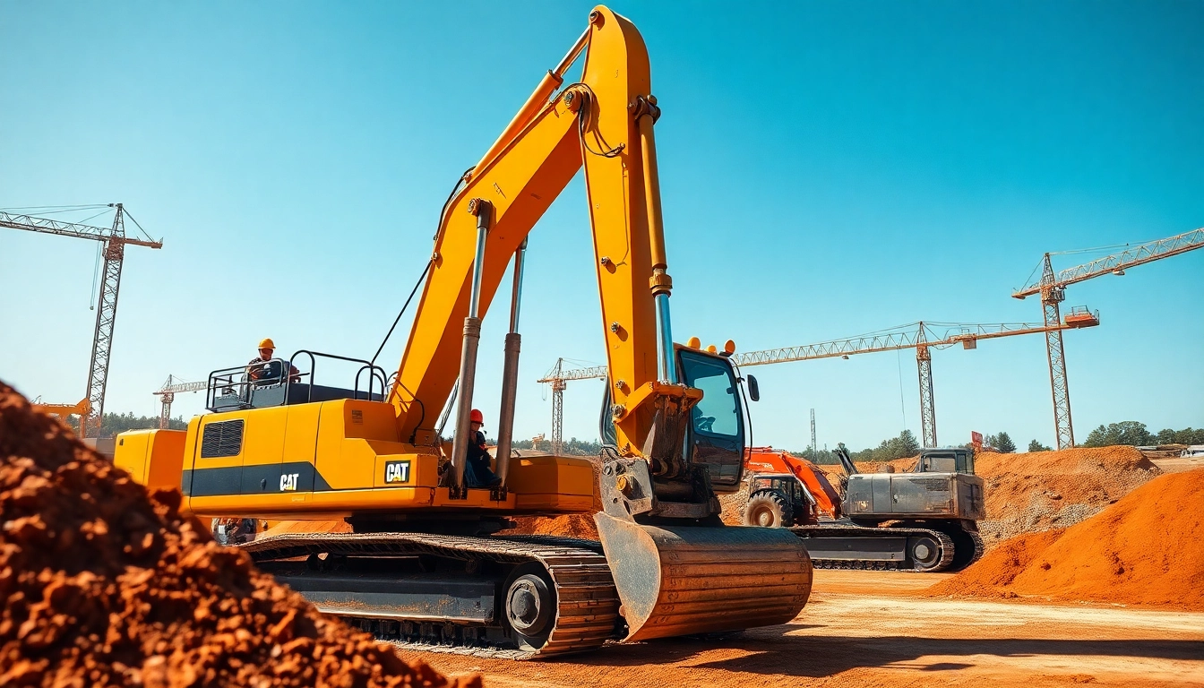 Excavator digging at a construction site, showcasing its boom and dipper in action.