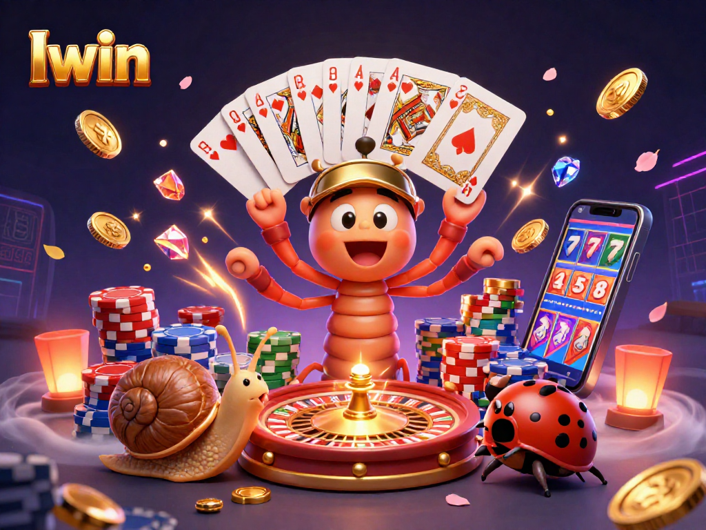 Iwin's vibrant casino scene features a millipede dealer, high-roller snail, and pill bug amidst exciting gaming elements.