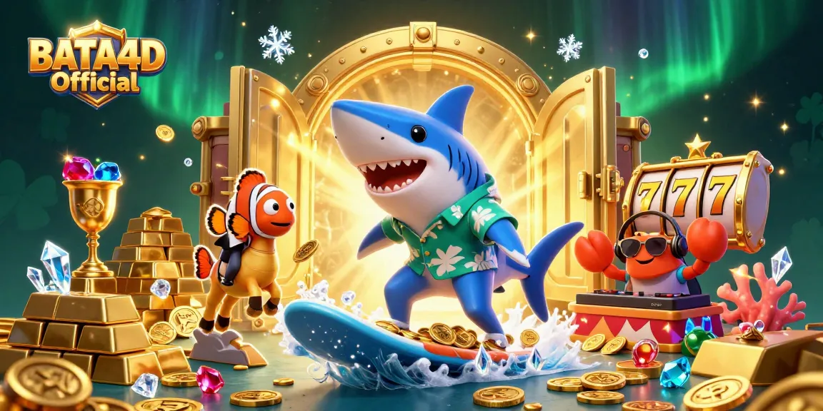 BATA4D Official showcases vibrant 3D illustration of playful casino adventure with shark, clownfish, and crab.