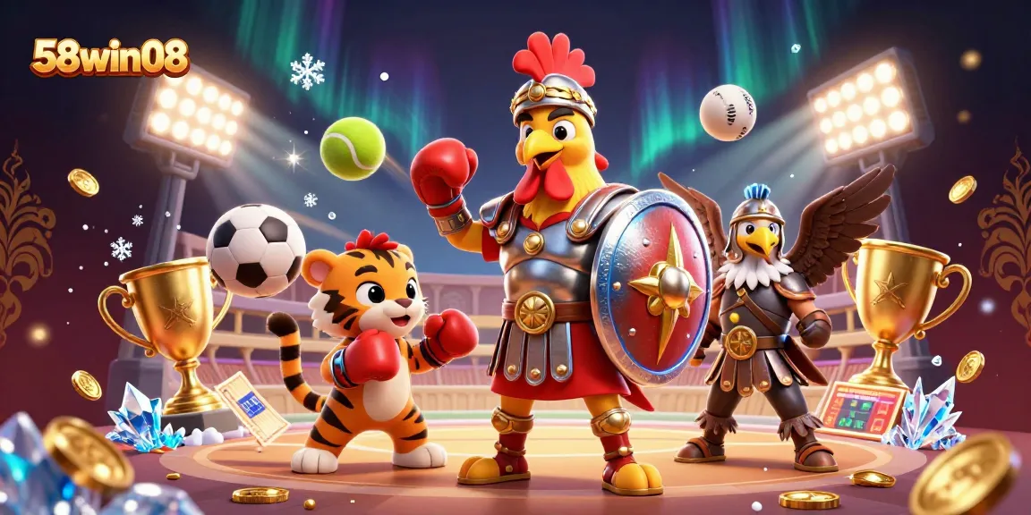 Engage with thrilling games at 58win08, featuring a 3D rooster gladiator surrounded by dynamic sports elements.