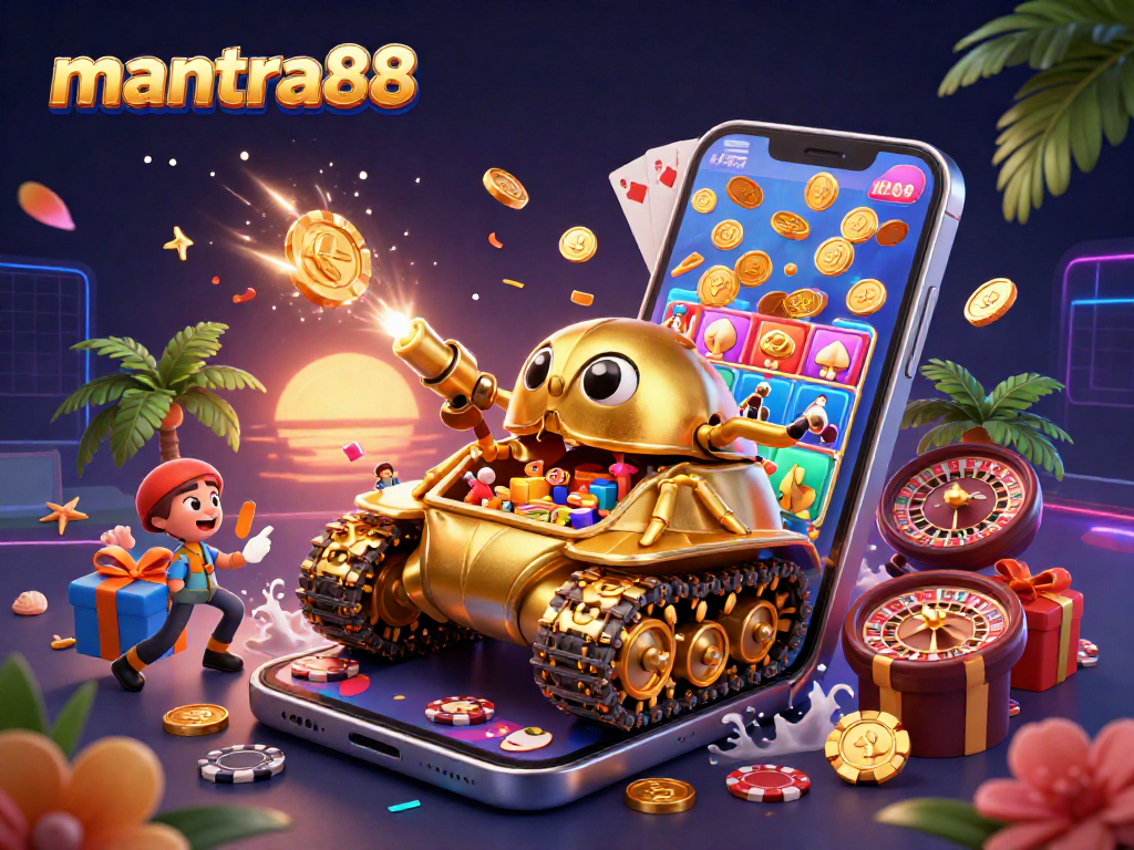 Experience the thrill of mantra88 with a vibrant casino scene in a 3D beetle tank illustration.
