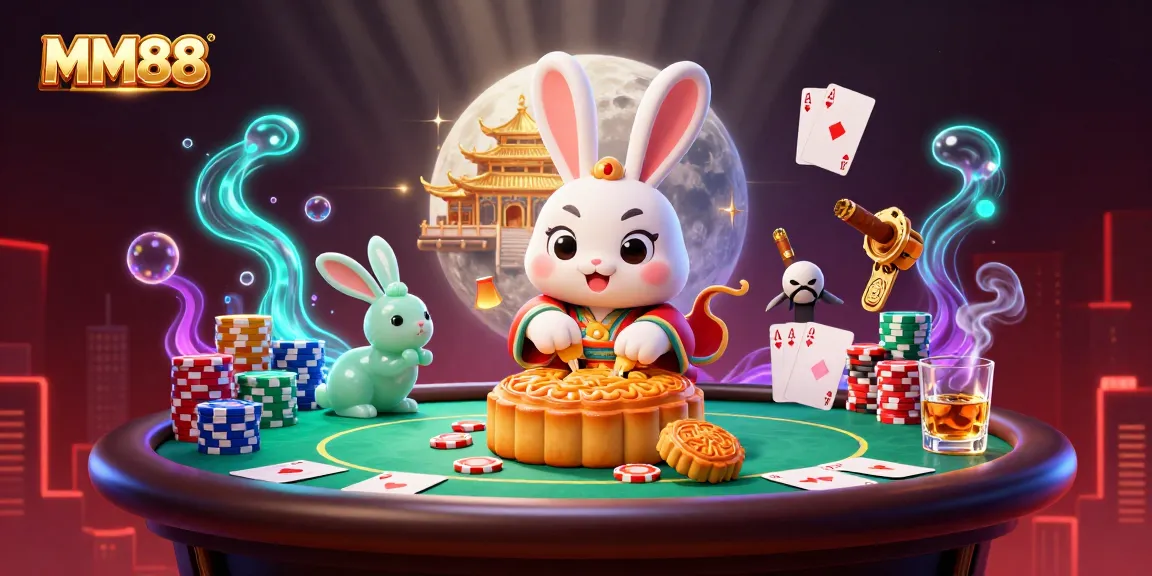 MM88 illustrations of a moon rabbit revealing poker chips, symbolizing vibrant online gambling.