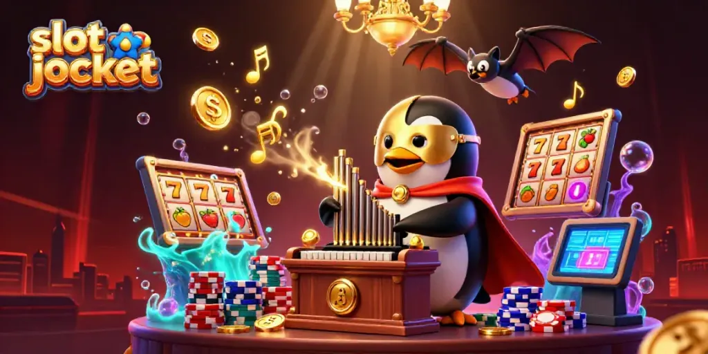 Menangkan slot jackpot dengan penguin opera dan koin emas terbang dalam suasana kasino yang menakjubkan.