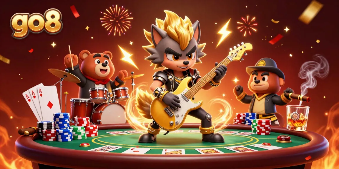 Go8 casino excitement with a rock star wolf and drummer bear celebrating vibrant poker action.