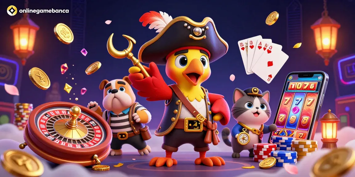 Experience the thrill of onlinegamebanca with vibrant casino characters amidst swirling coins and gaming action.