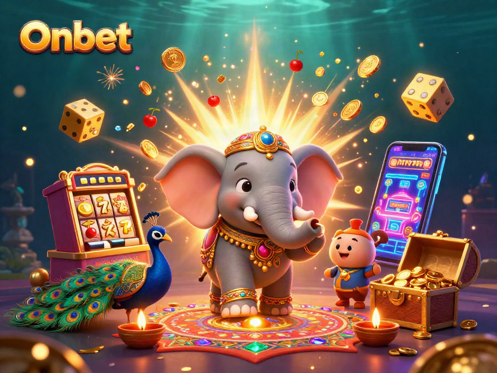 Experience gaming at Onbet with vibrant casino elements featuring an elephant and peacock.