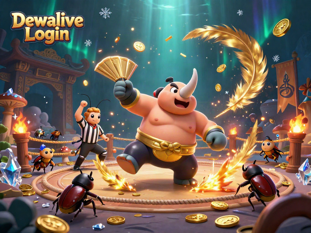 Experience winning strategies with Dewalive Login, featuring energetic cartoon beetles in an exciting casino arena.