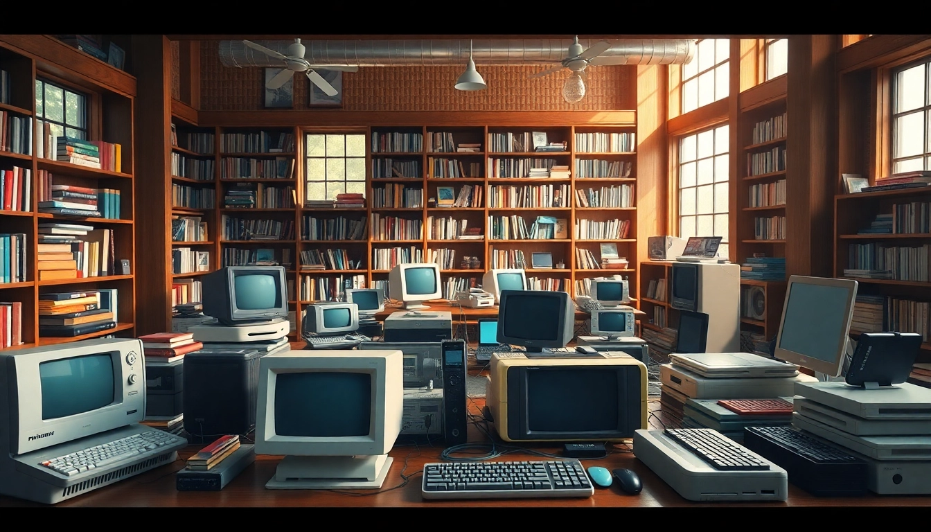 A vibrant illustration of internet history featuring various digital devices from past to present.