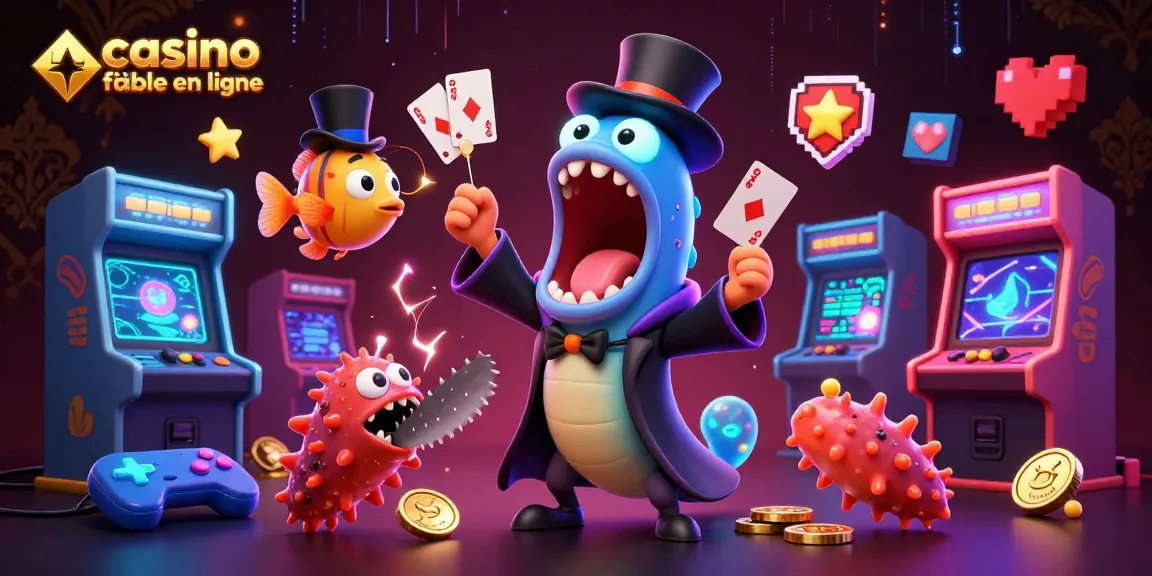 Illumination d'un casino fiable en ligne avec un poisson-lanterne, un serpent-de-mer et des jeux d'arcade colorés.