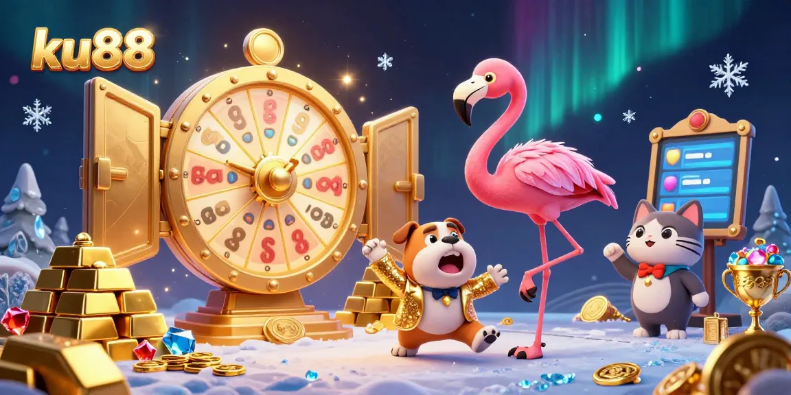 Experience winning thrills at ku88 with an exciting prize wheel and treasure-filled casino scene.