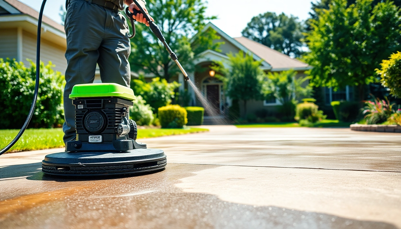 Driveway cleaning in action with a technician using a pressure washer on a dirty surface.