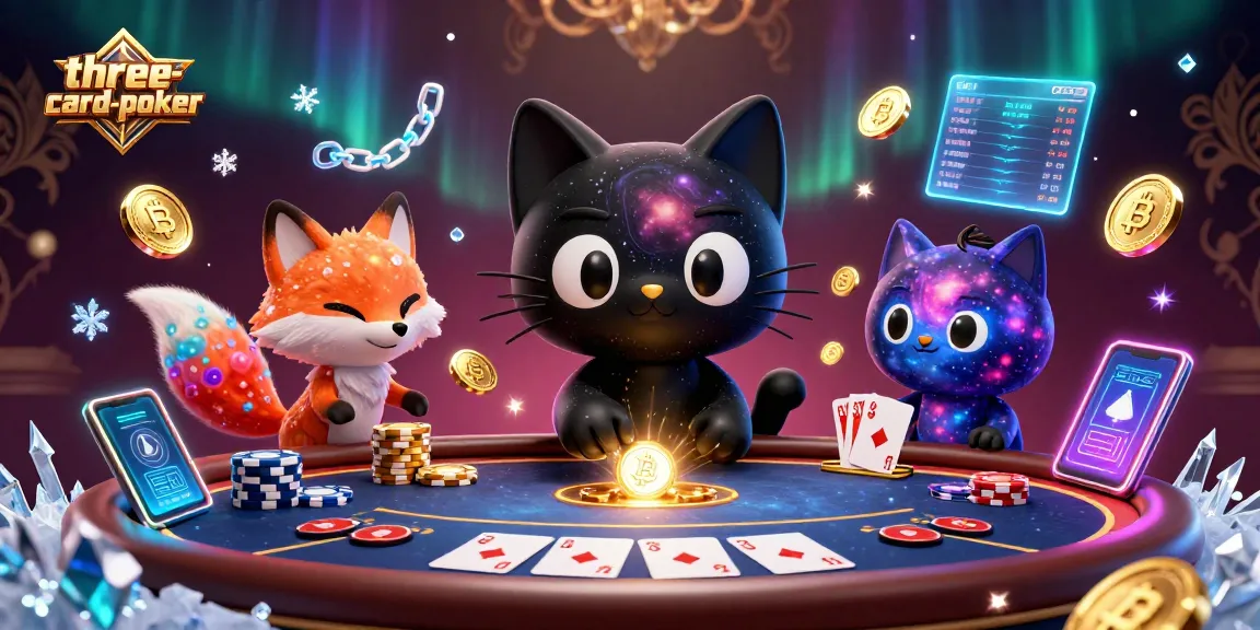 Play three-card-poker with a cosmic cat and fox amidst glowing chips and cards in a vibrant digital casino scene.
