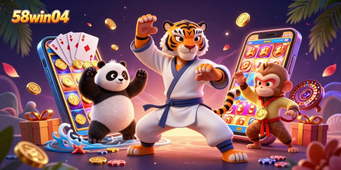 Experience the vibrant gameplay atmosphere of 58win04 featuring playful characters engaging in exciting casino action.