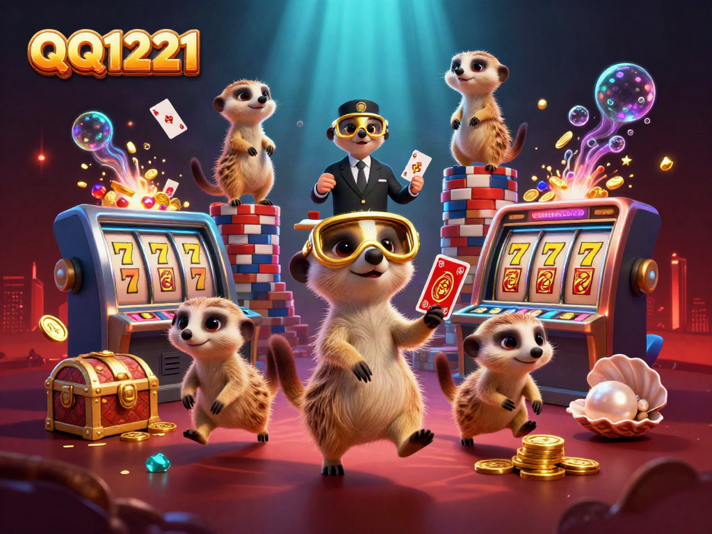 Engage with QQ1221's dynamic slot gaming scene featuring playful meerkats and vibrant casino elements.