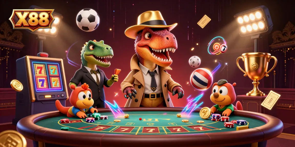 X88 captures an exciting scene with a velociraptor card counter, as it plays blackjack amidst a colorful casino atmosphere.