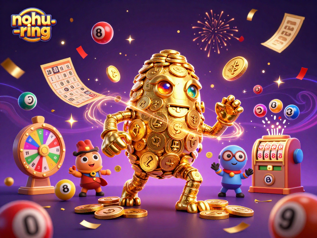 Experience the thrill of nohu-ring with a vibrant, dynamic casino-themed scene featuring golden golems and lottery elements.