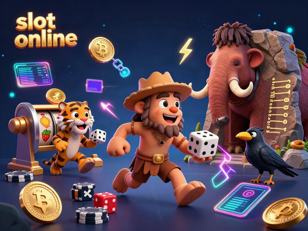 Spin the reels at an exciting prehistoric casino with a fun caveman and tiger duo in a vibrant digital illustration.