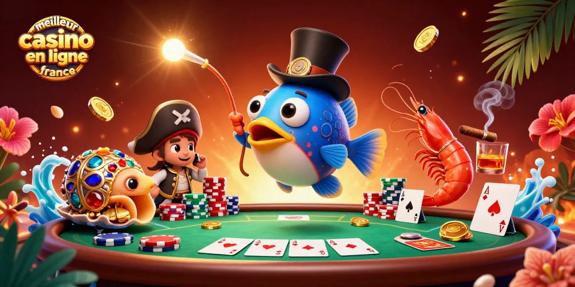 Visuel dynamique du meilleur casino en ligne France avec poisson-lanterne, crevette et escargot attrapant des pièces d'or.