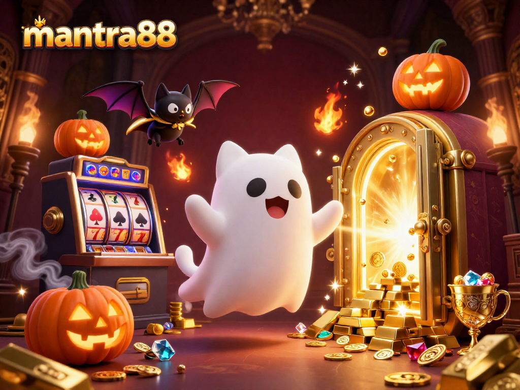 Experience the excitement of mantra88 with a playful ghost cat and gem-filled vault.