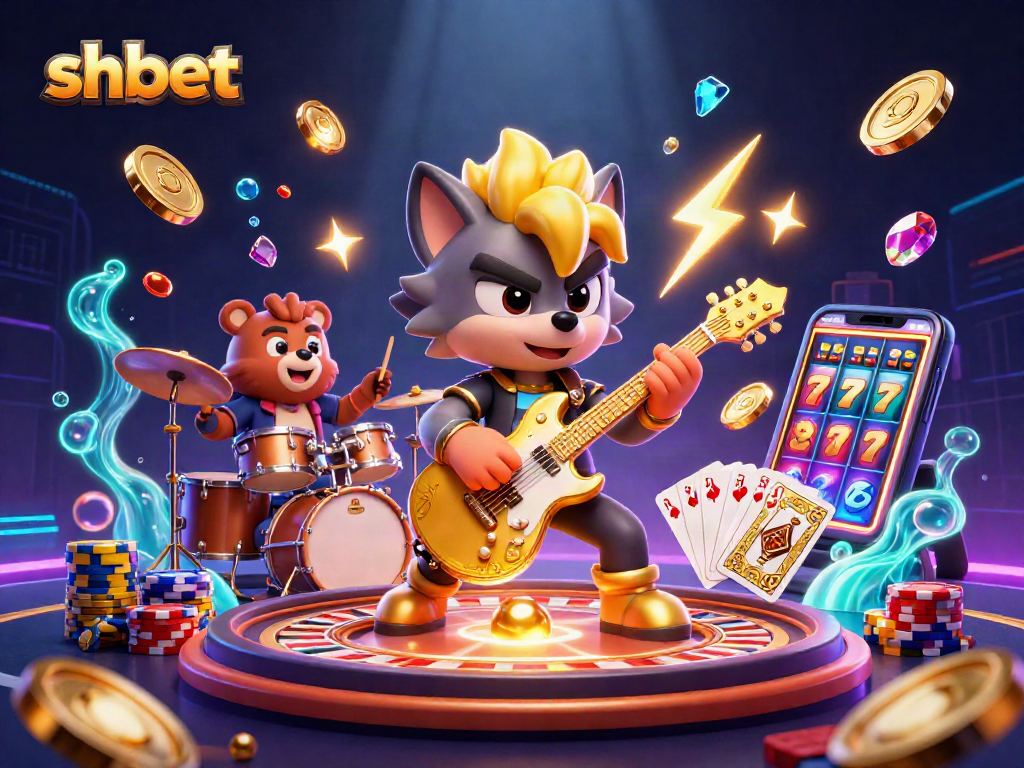 Experience the thrill of shbet with a dynamic 3D casino scene featuring a rock star wolf and a drummer bear.