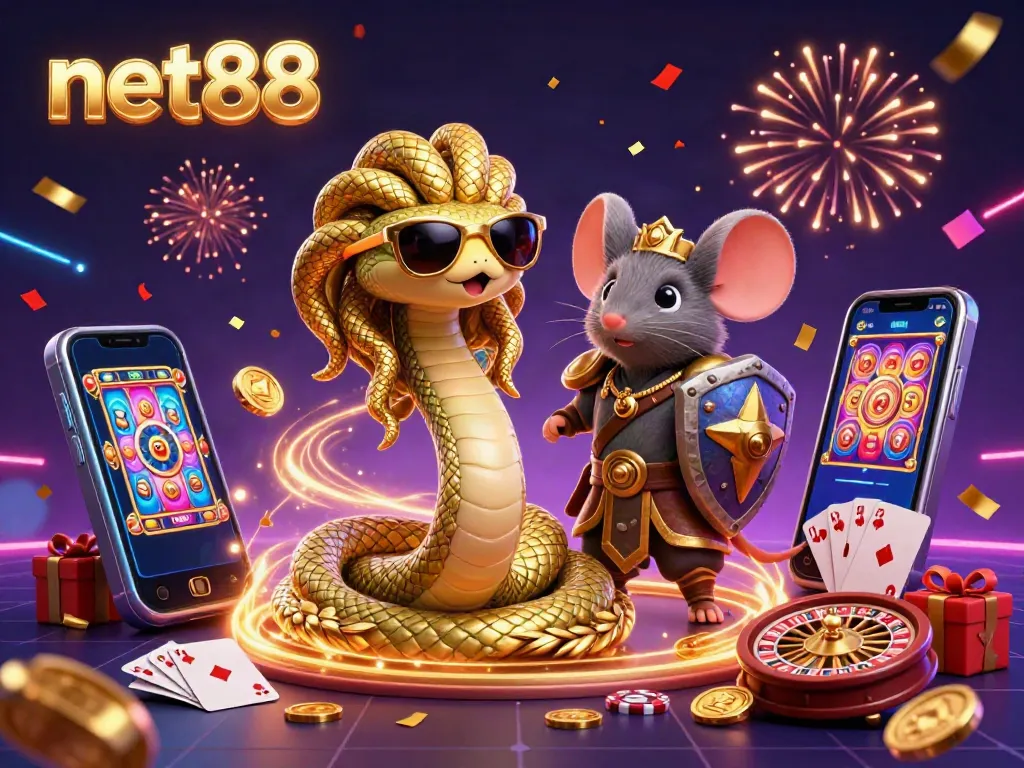 Experience gaming excitement with net88 in this vibrant 3D illustration featuring dynamic characters and casino elements.